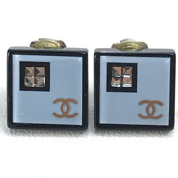 CHANEL CC Coco Mark Square Rhinestone Earrings Plastic Women's Light Blue - Picture 1 of 8